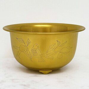 Vtg Etched Brass Bowl Birds Footed Dual-Sided Planter 1960s Decor MCM 4"T 7"D